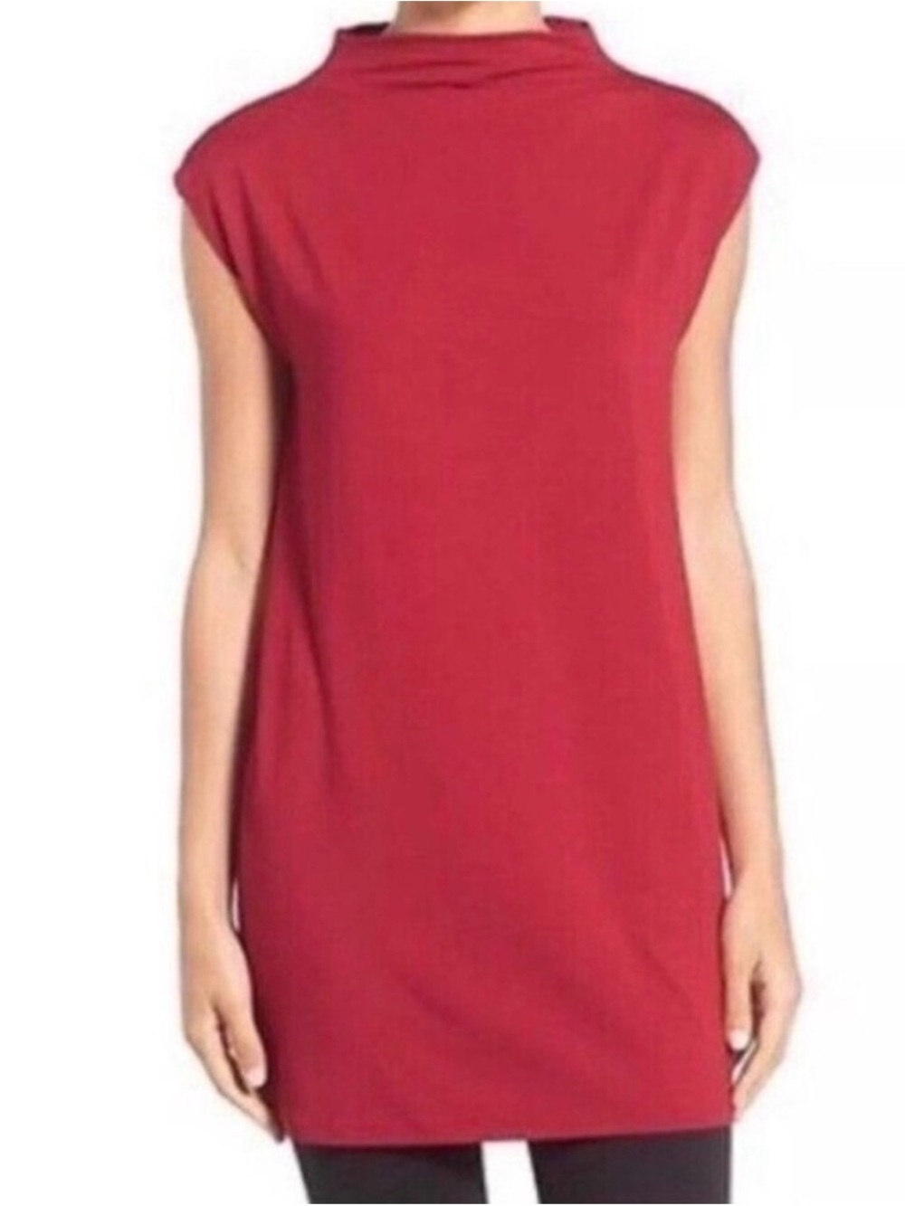 EILEEN FISHER Tunic Large Viscose Stretch Jersey Funnel Neck Cap Sleeve Red top